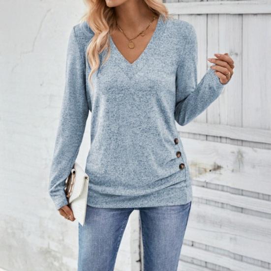 Women Tops V-Neck Long Sleeve Side Buttons Decor Casual Pullover Tops Solid Color Spring Autumn Blouse