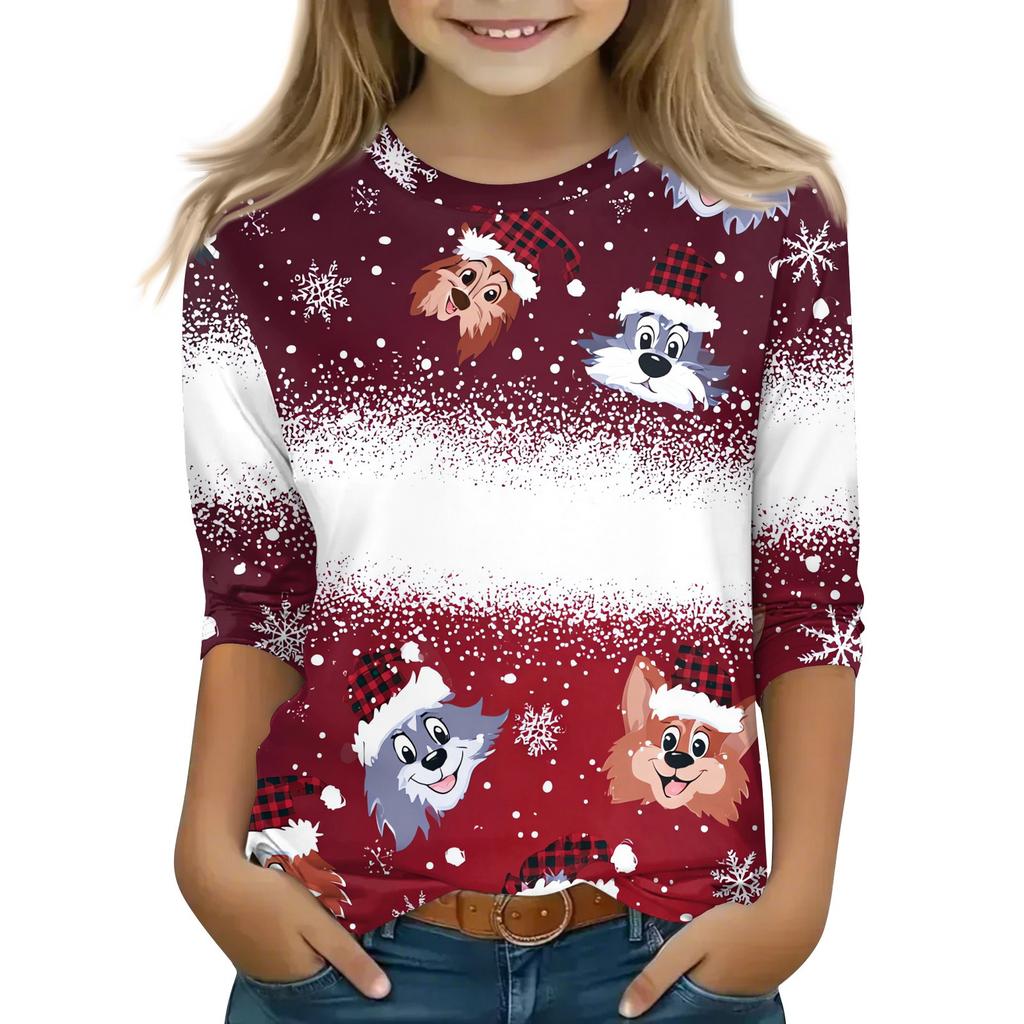 Christmas Children's 3/4 Sleeve Tops Casual  Printed Daily T Shirt Round Neck Pullover Blouse