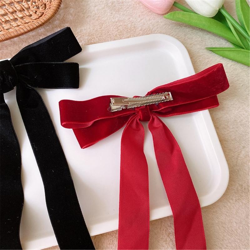 Long Ribbon Bowknot Velveted Hair Clip for Women and Girl Large Barrettes Ponytail Holder for Various Hair Styling Clip