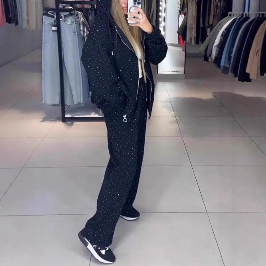 Europejski i Amerykański Zestaw Dwuczęściowy: Bluza z Kapturem i Szerokie Spodnie - Damski Casualowy Zestaw Sportowy na Jesień/Zimę z Zamkiem Błyskawicznym i Pełnym Detalingiem z Kryształków