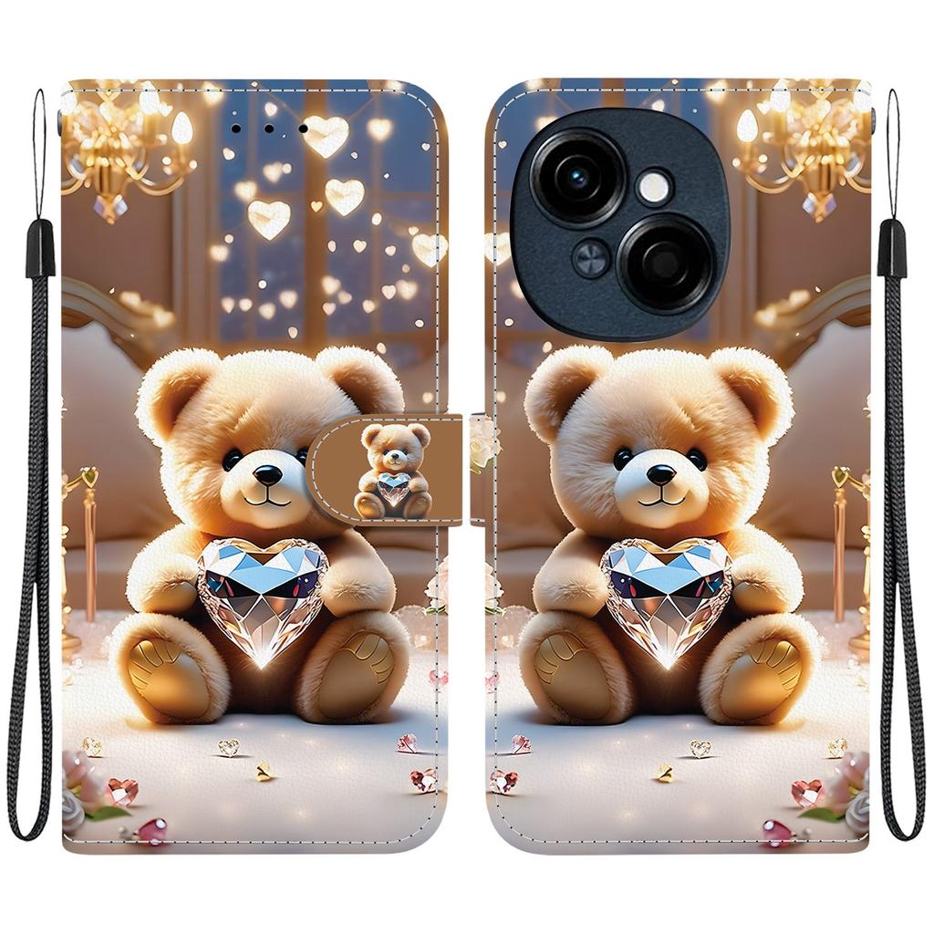 Handmade PU Leather Flip Case for Tecno Pop 9 Pro Anti-Slip Shockproof Cover with Wrist Strap & Heart/Rose Cat Designs
