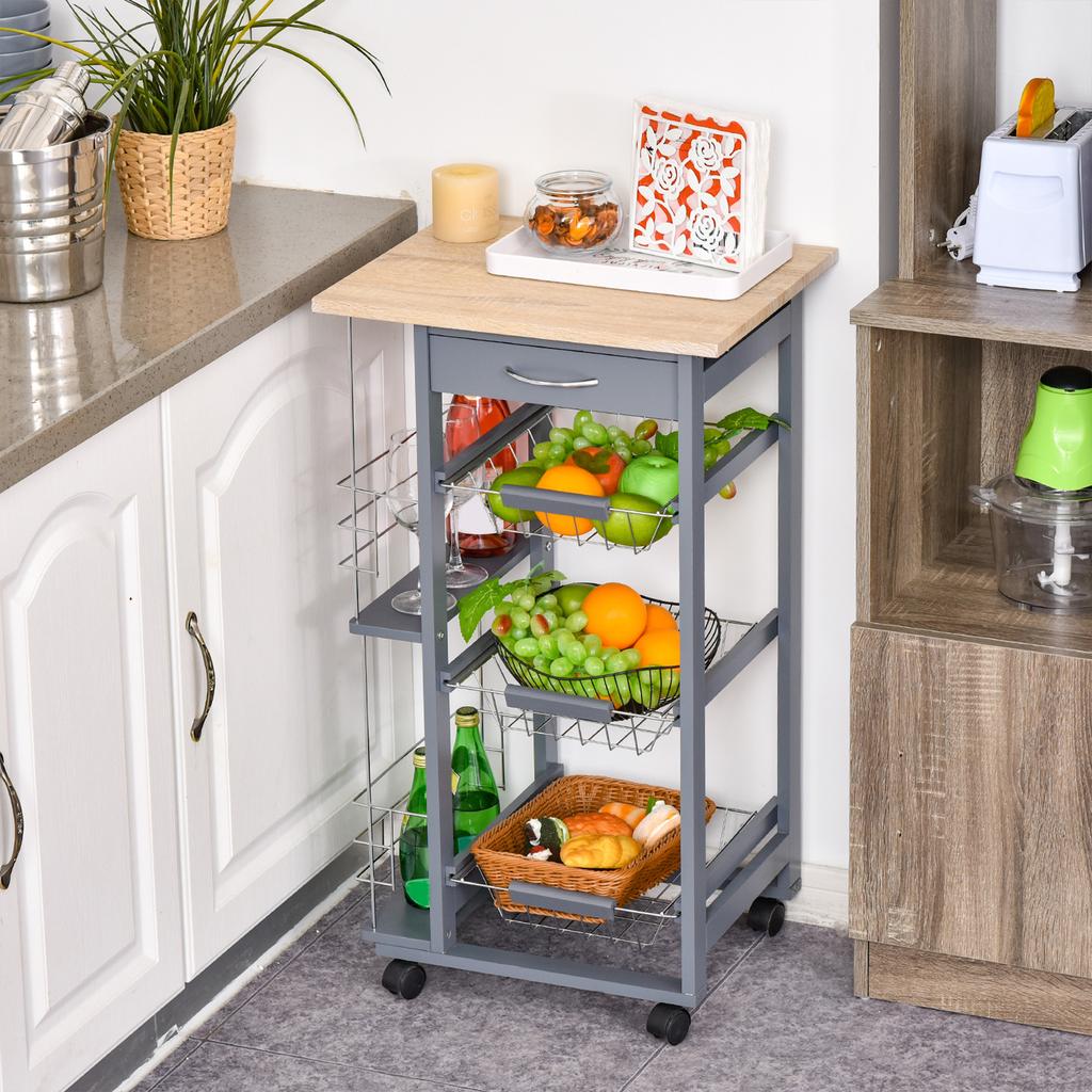 Kitchen Cart with Pull-Out Drawers and 2 Bottle Racks. Made of Pine Wood and Metal. 47x37x83cm