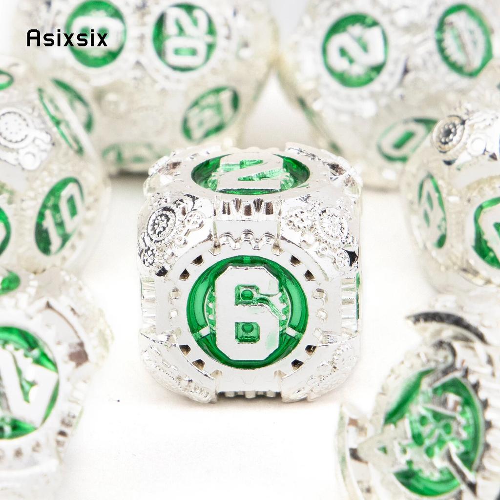 7 Pcs White Green Gear Wheel Metal Dice Solid Metal Polyhedral Dice Set Suitable for Role-Playing RPG Board Game Card Game