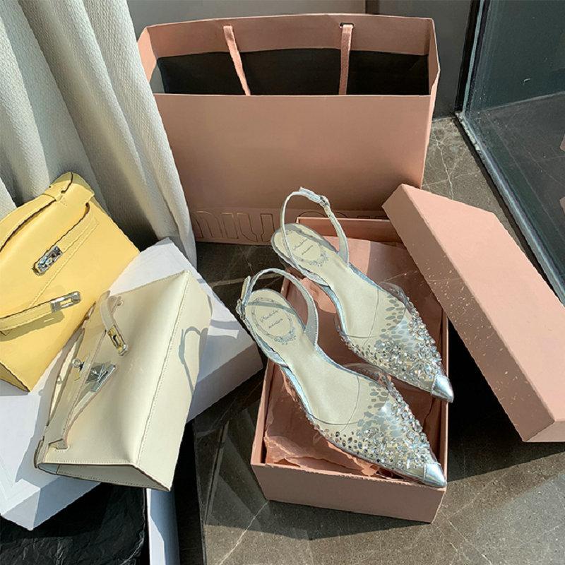 Fashion 2025 Spring Pvc New Pointed Head Transparent Diamond Single Shoes To Wear Everything Flat Wedding Sandals Temperament