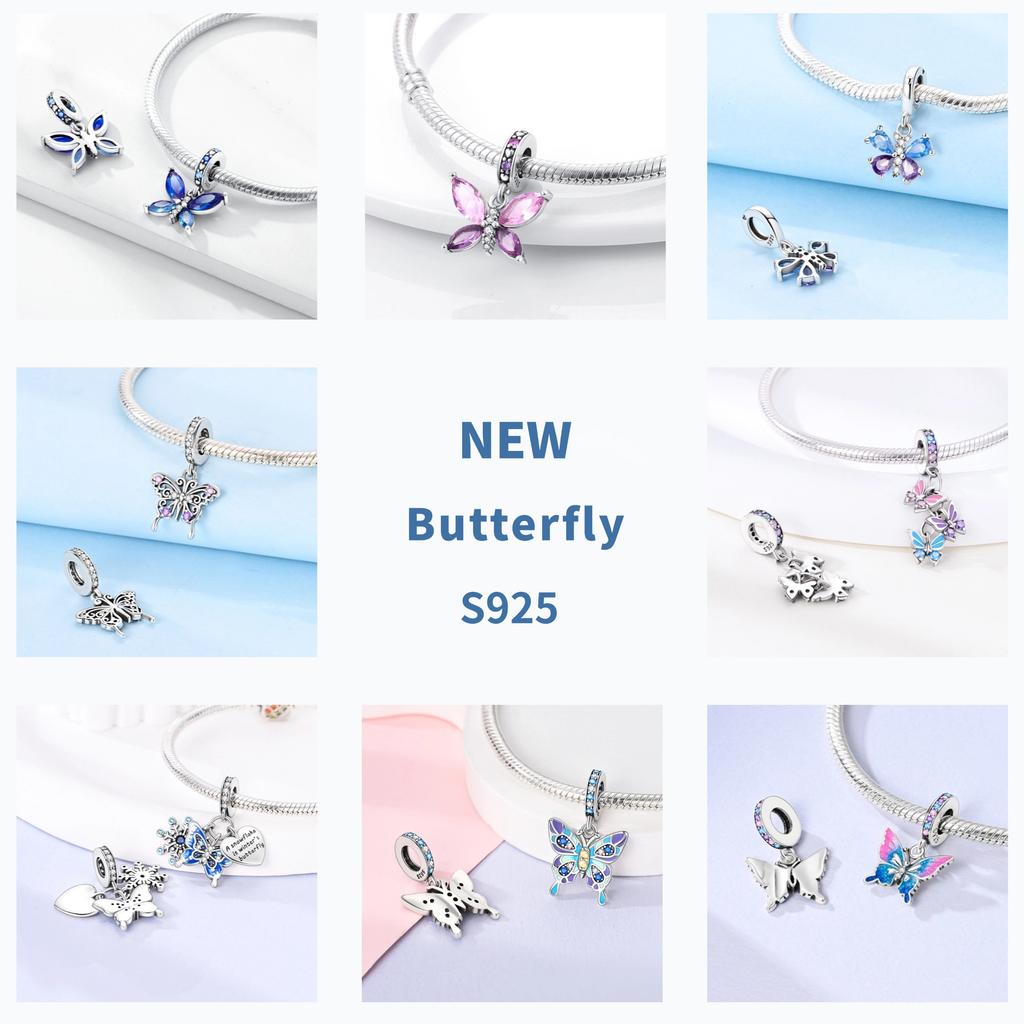 Butterfly Charm copper Authentic Pink Blue Zircon Fly Butterflies Safety Chain Clip Charm Bead Charms Compatible With Bracelets Do It Yourself Jewelle