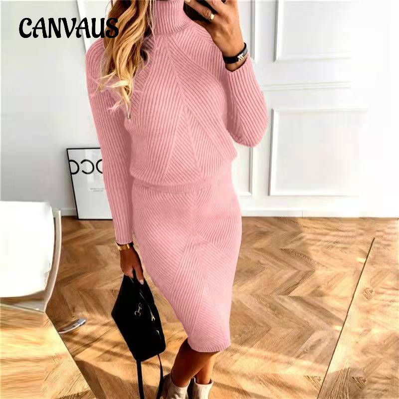 

Осенне-зимний женский свитер с высоким воротом, вязаный однотонный пуловер, комплект из свитера, юбка, топ и юбка до середины тела