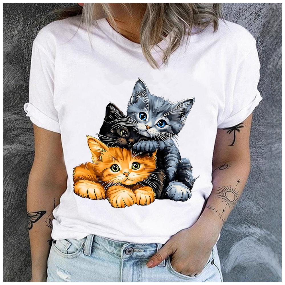 Women's Cute Three Cats Print T-shirt Loose Round Neck Casual Short Sleeve Fashion Top Wholesale Clothing Summer