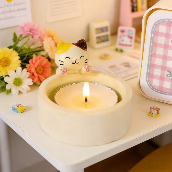 Cat Candle Holder Cute Kitten Warming Paws Tea Light Holder Resin Cartoon Cat Candlestick Ornament Gifts for Cat Lovers Girl