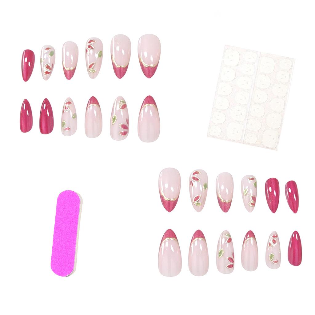 24 Pieces Of Manicure Cat'S Eye French Gilt 3D Relief Three-Dimensional Petals Long Almonds Wearing Armor