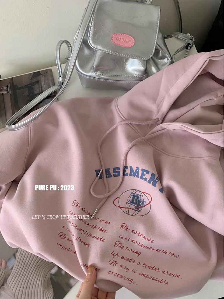 Women's Oversized Pink Letter Print Heavyweight Hoodie - Spring Loose Fit Long Sleeve Sweatshirt.