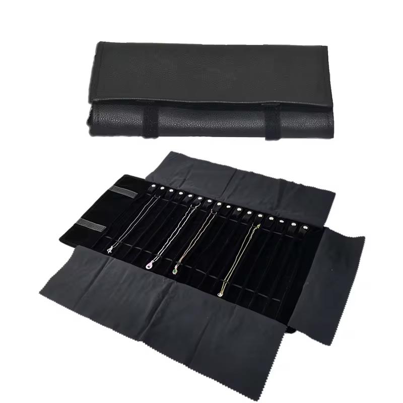 Black Grey High Quality Flannelette Or Leather 16 Necklace Jewelry Roll Bag Necklace Storage  Bag Prop Pendant Storage Bag