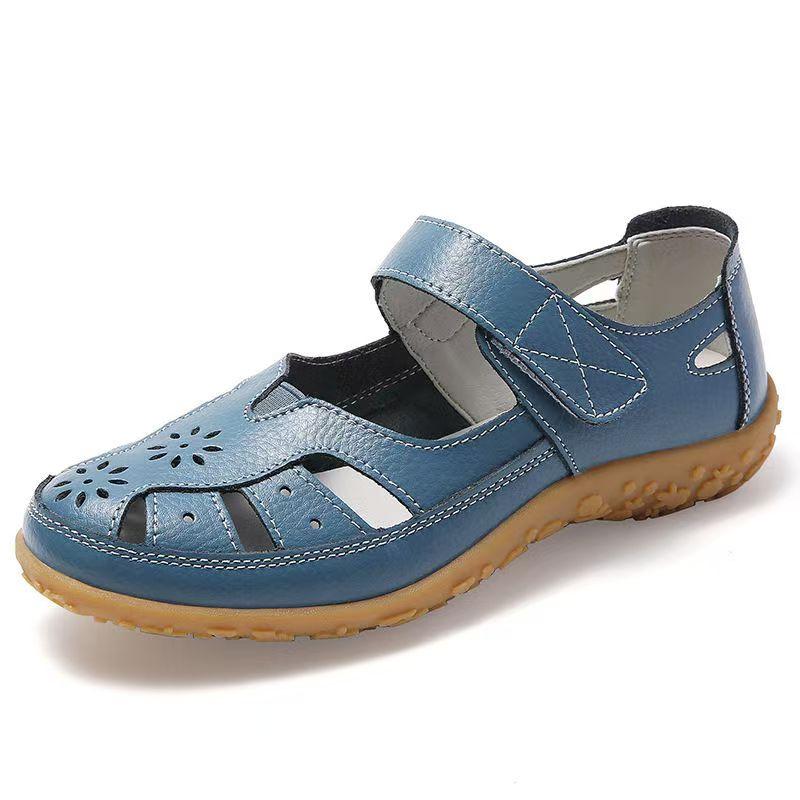 Women's Summer Baotou Hollow Out Flat Sole Sandals Soft Sole Non Slip Lightweight Breathable Cave Shoe Velcro Elderly Sandals