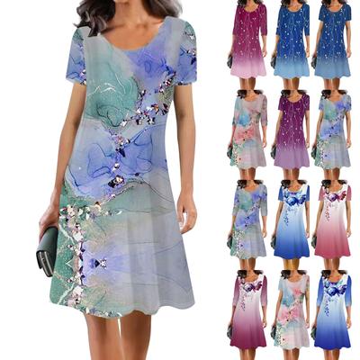 Women's Fashion Flower Print Large Size Short Sleeve  Length Dress Women's