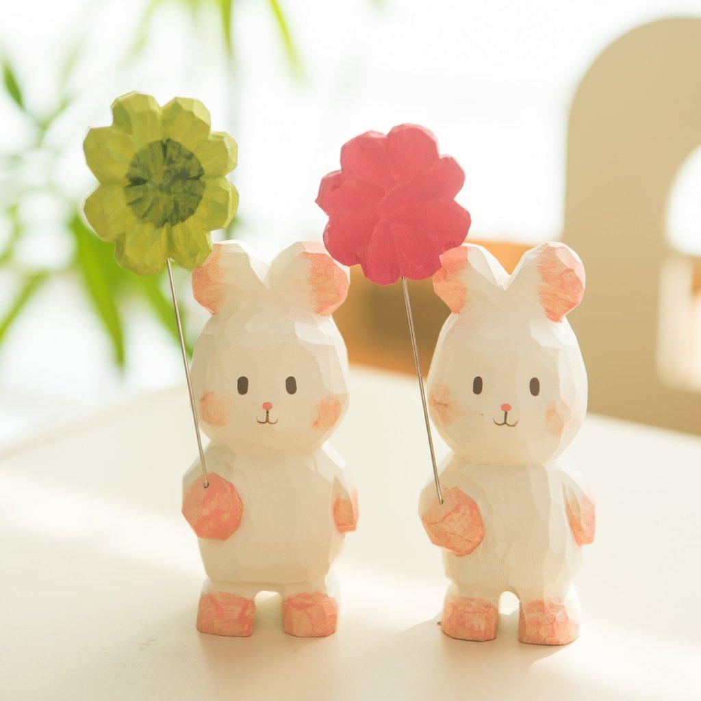 Wooden Bunny Handheld Decor With Small Flowers For Home Office And Car Tabletop Display