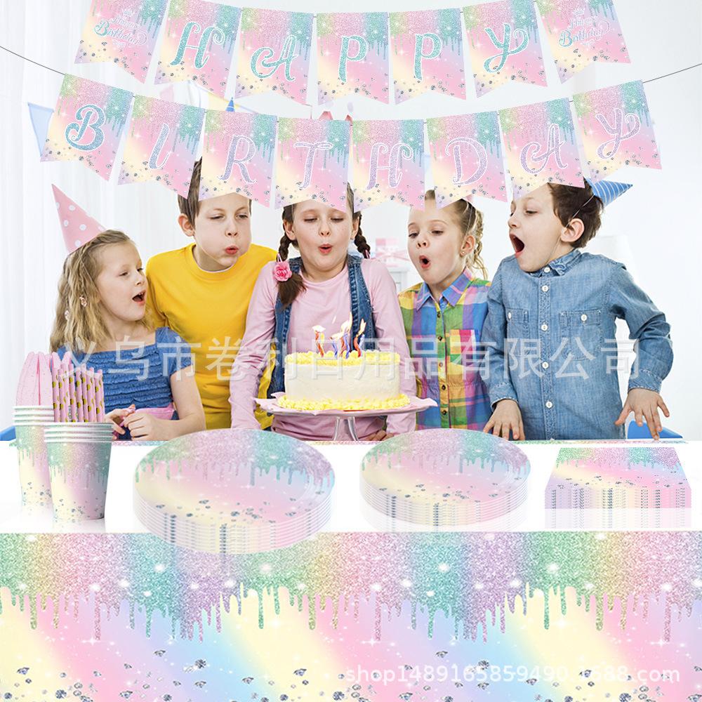 Macaron Partyzubehör Thema Geburtstag Arrangement Besteck Pappteller Seidenpapier Becher Tischdecke Banner Set Rosa