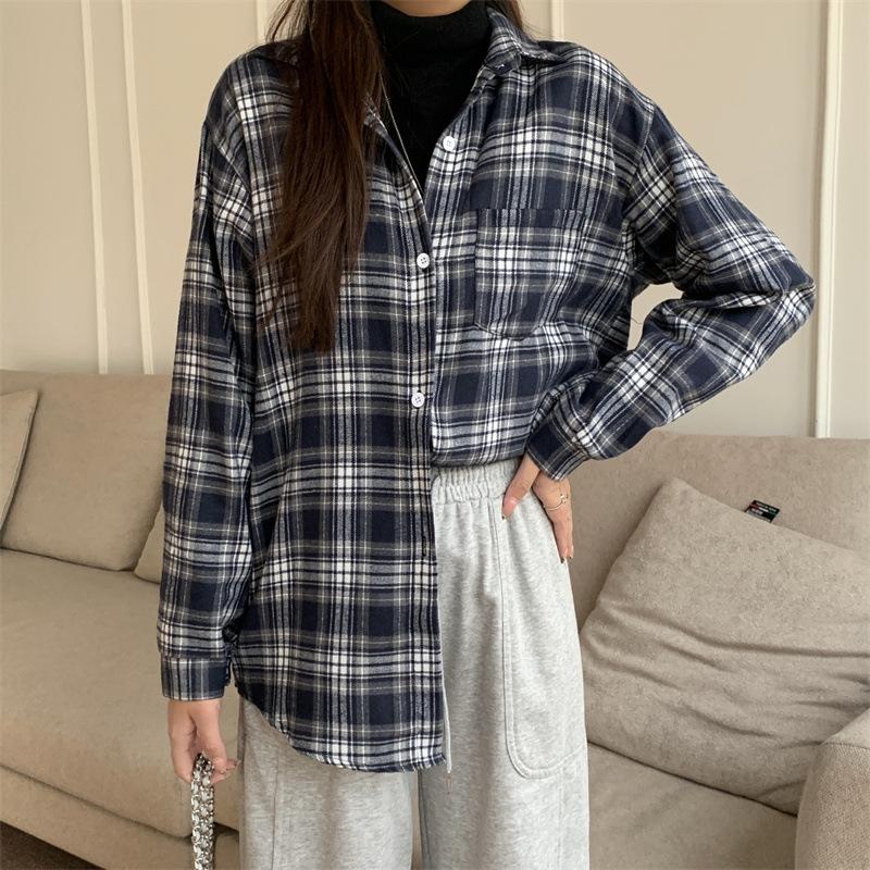 1116 New Spring and Autumn Design Plaid Shirt Jacket Women's New Loose Casual Meat Cover Medium and Long Shirt