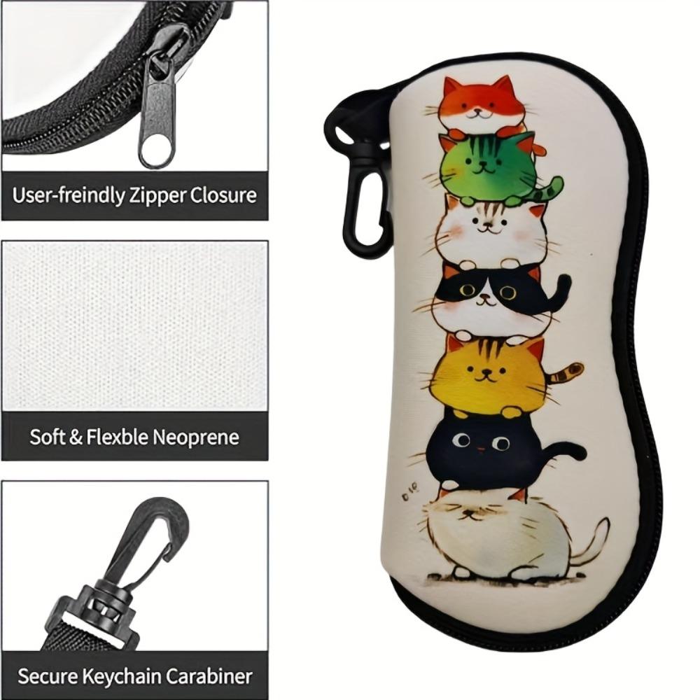 1PC Cute Stacked Cats Print Glasses Case Portable Zipper Sunglasses Pouch With Carabiner Hook Anti‑scratch Eyeglasses Protective Bag For Women Man