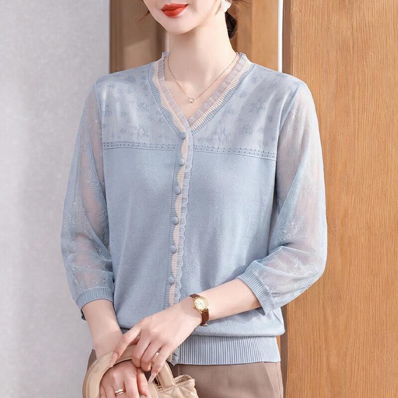Elegant Mid-aged Women's 3/4 Sleeve Mesh Knit Blouse