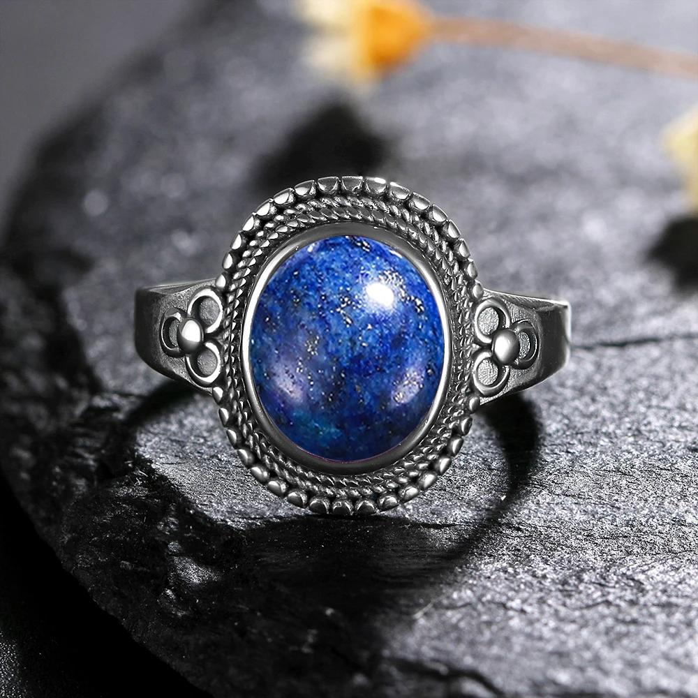 Natural 8*10MM Lapis Lazuli Finger Ring  Rings for Women Gift S Silver Flower Shaped Ring