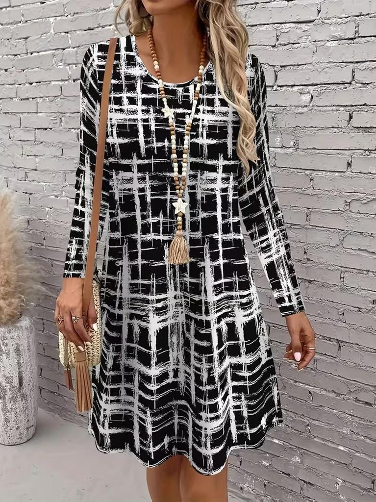 Women's Long Sleeved Round Neck Mini Dress, 3D Retro Geometric Pattern Printed Casual Vacation Style Dress Vestidos De Mujer