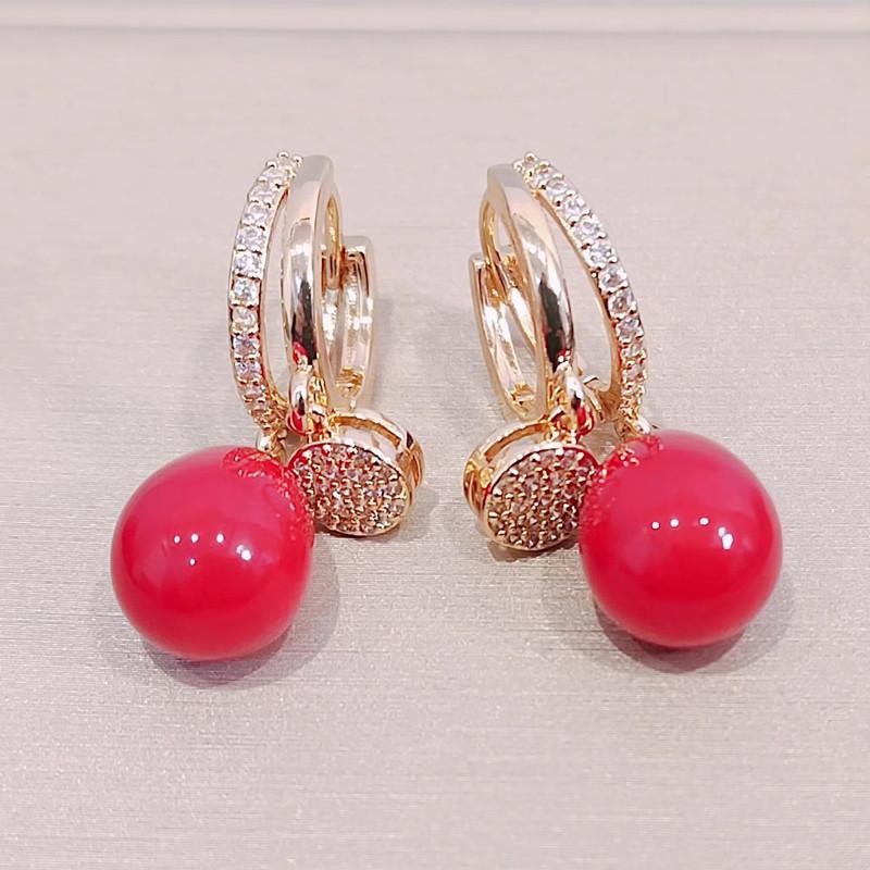 Trendy Red Imitation Pearls Drop Earrings for Women Fashion Zircon Hoop Earring Jewelry Party Accessories