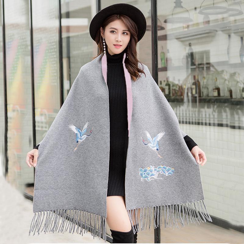 Women's cape shawl with sleeves for autumn and winter, thickened and warm, cashmere embroidered scarf, knitted cape, dual-use coat