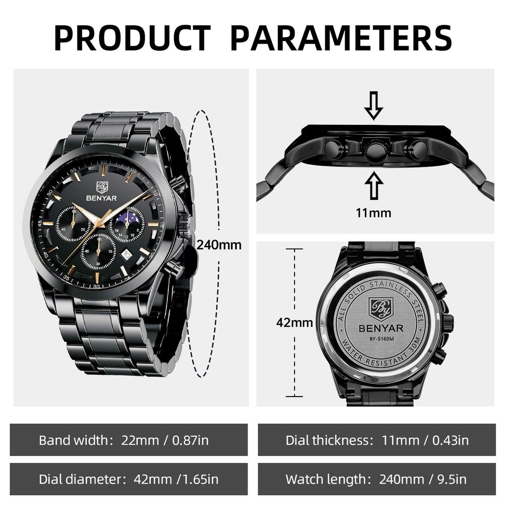 BENYAR Chronograph Watch with Leather and Black Leather Strap for Business and Formal Wear Men's Multi-Calendar Strap, Water-Resistant