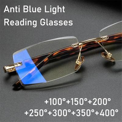 Fashion Anti-blue Light Reading Glasses Rimless Diamond Cutting Frame Men Square Glasses Presbyopia Eyeglasses
