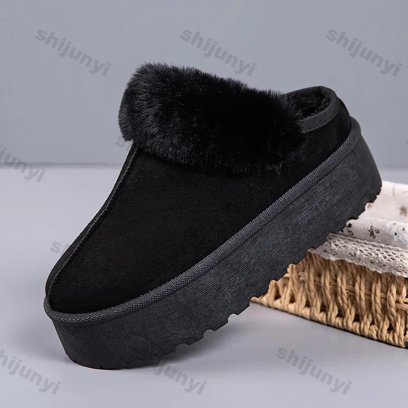 Women Fashion Fluffy Snow Cotton Slippers Winter Thick Sole Plush Warm Cotton Shoes Female Slip on Platform Non-slip Ankle Boots
