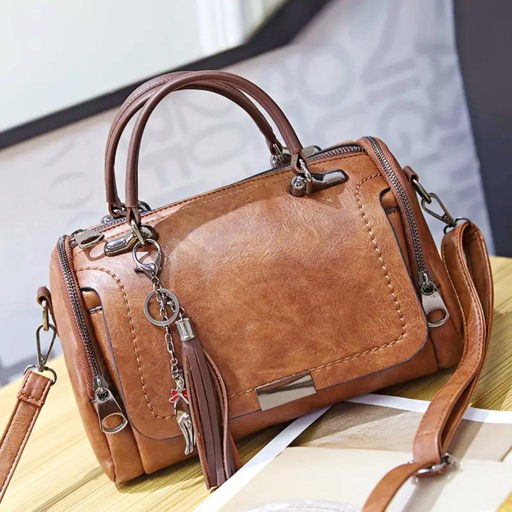 Borsa a mano con decorazione a nappa, Borsa a spalla da donna di grande capacità, Borsa a tracolla alla moda con cerniera e tracolla rimovibile