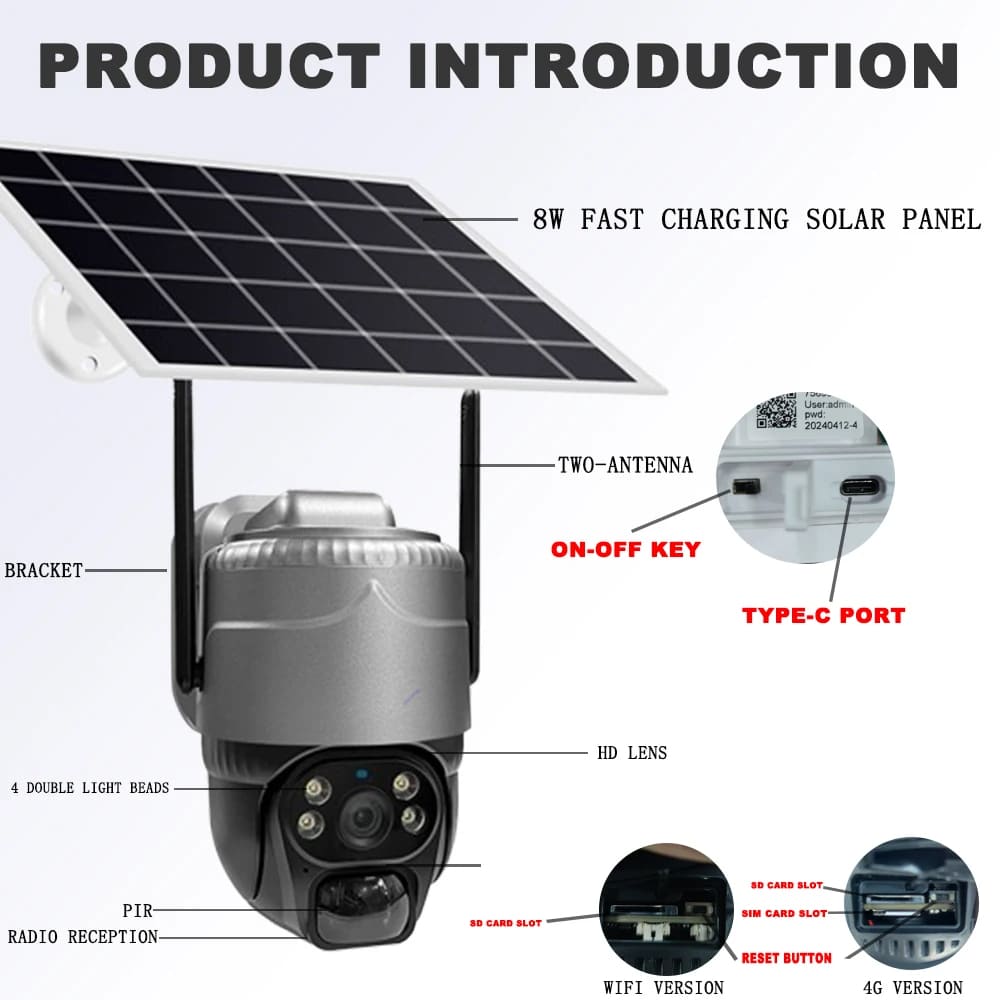V380 5MP WIFI / 4G kamera Solární PIR detekce člověka Noční vidění Venkovní vodotěsné zabezpečení Video IP PTZ Camara CCTV monitor