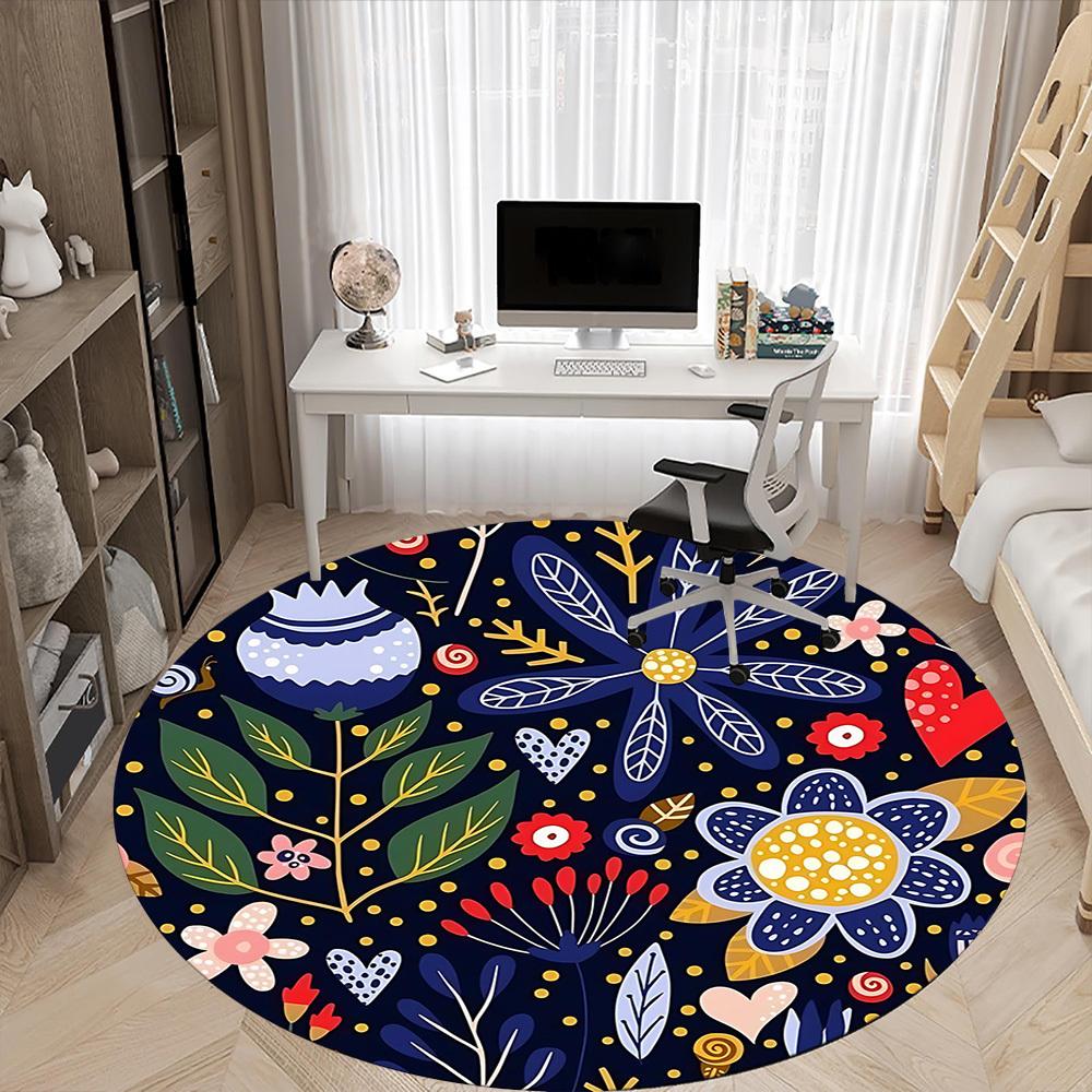 1PC Floral Whimsical Office Round Area Rug, Mat Suitable For Office, Under Office Chairs Bedroom Living Room Home Decor, Room Deco