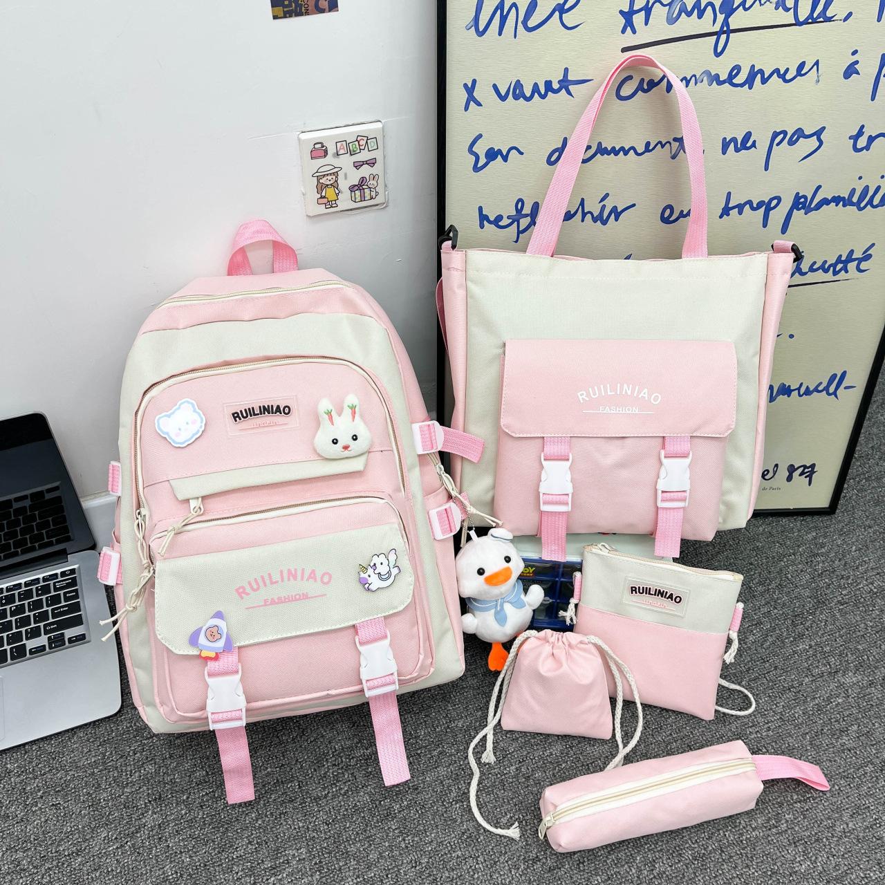 

TS JYL laptop bag,Large Japanese INS School Backpack Junior Sweet 4 Sets Leisure Bag Add badge rabbit head pendant рожевий