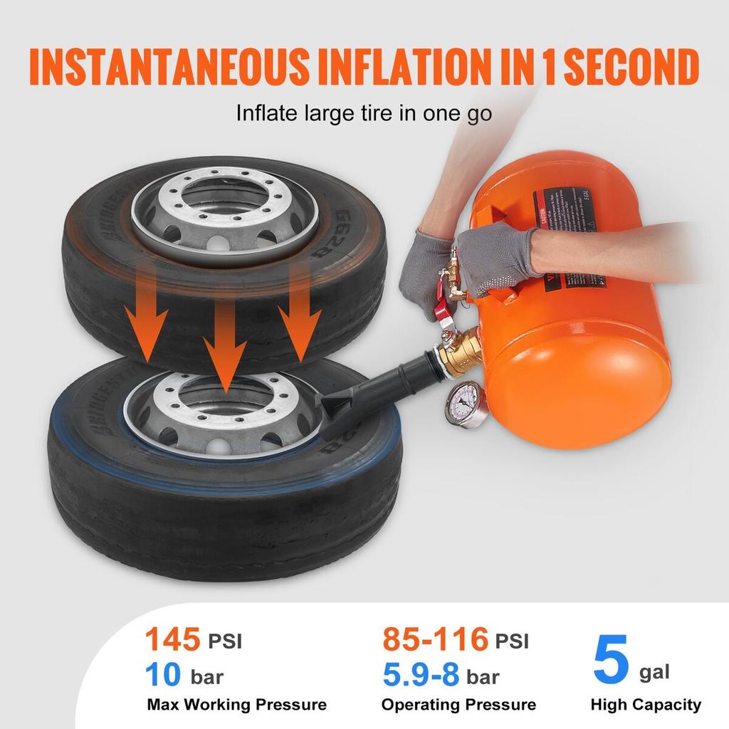 Tire Bead Blaster, 5 Gallon/19L Capacity, Includes Pressure Gauge & Handle, 145 PSI Max Inflation Tank, Operates Between 85-116 PSI for Cars, Trucks,