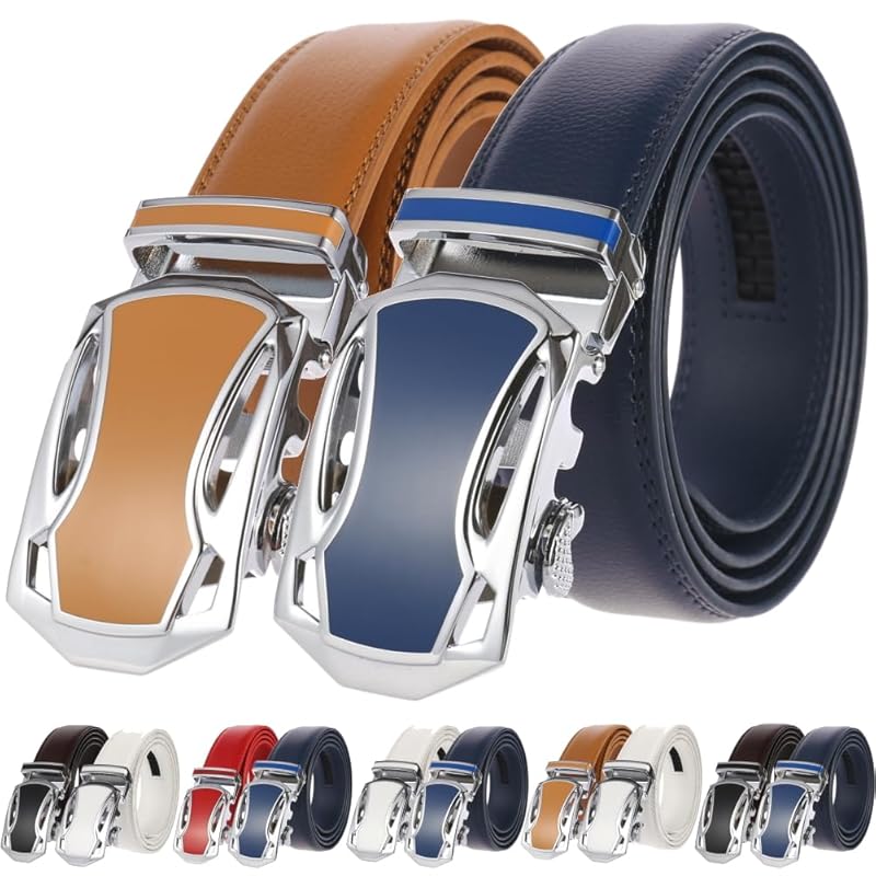 

[yumemono] belt men s Auto lock type Set of 2 No hole leather business casual gentleman golf Longish adjustable length click belt (Khaki x Navy)