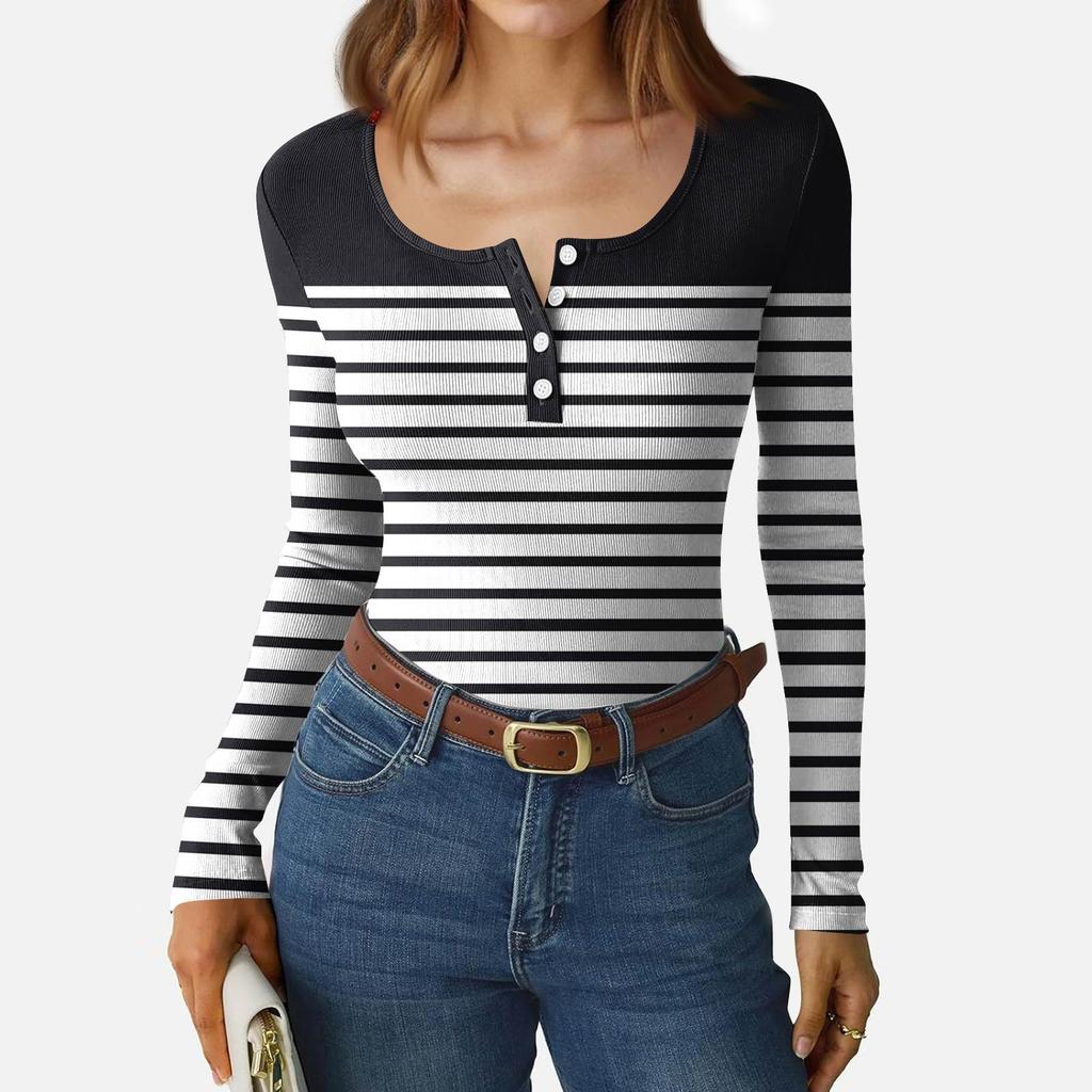 Women's Slim Bottom T-shirt Fashion Casual Gradient Printing Round Neck Pullover Long Sleeve Top