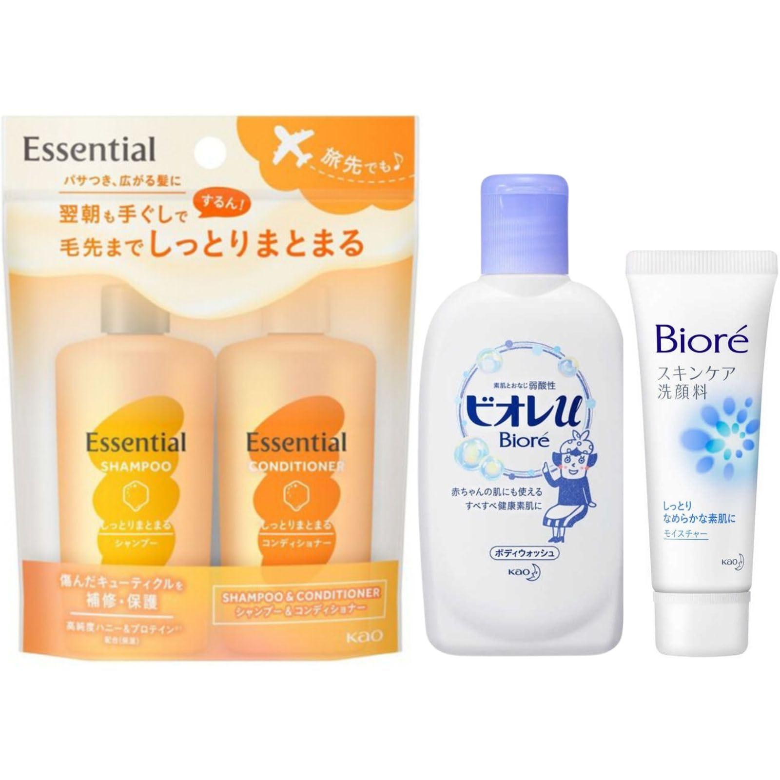 

Набор мини-шампуня и кондиционера Travel Kao Essential, мини-гель для душа Biore, средство для умывания Biore Skincare, увлажняющее мини-средство, дорожный формат [3 шт.]
