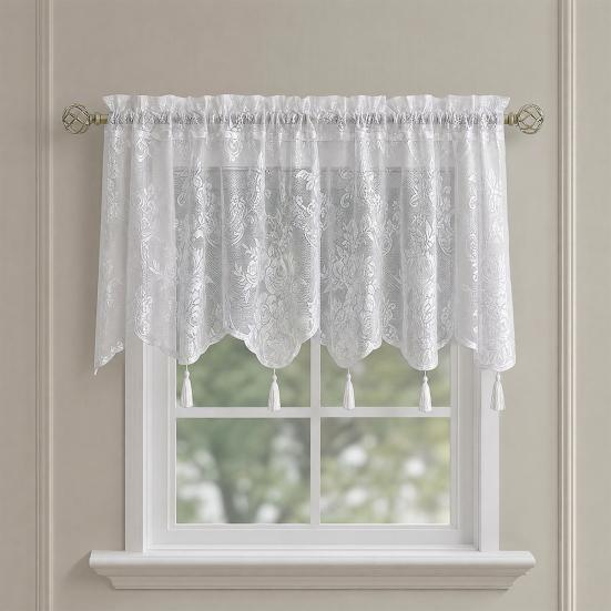 Spitzen-Fenstervorhang, Weißer Spitzen-Schiebegardine mit Quasten und Stangentasche, Vintage Lichtfilternder Fenstervorhang für das Wohnzimmer