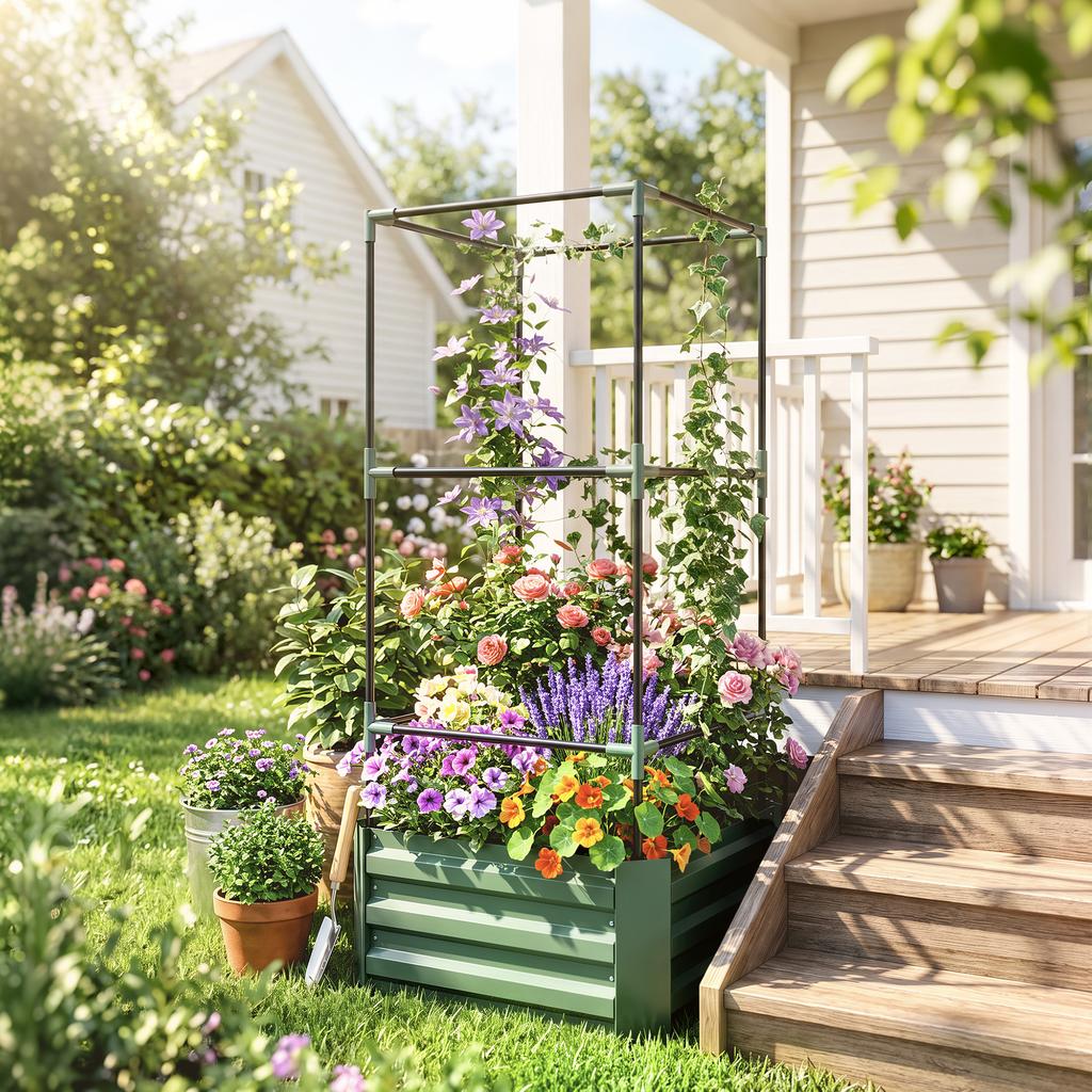 Outdoor Planter with Trellis, Open Bottom, Climbing Plants, 61 x 61 x 140 cm, Green