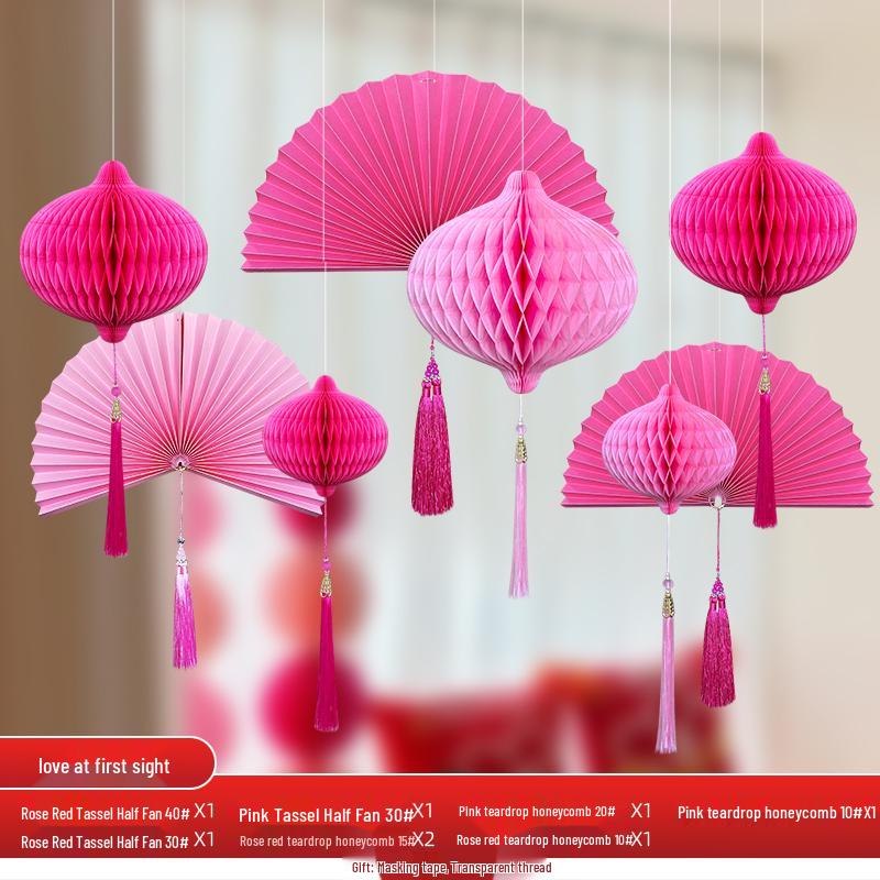 Wedding Décor Set: Honeycomb Balls, Folding Fans & Double Happiness Pendants for Groom's Room