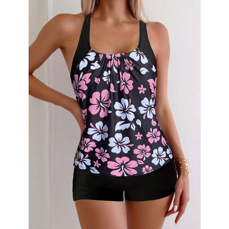 European and American New Split Swimsuit Women's Slim-fit Sleeveless Printed Boxers Tankin