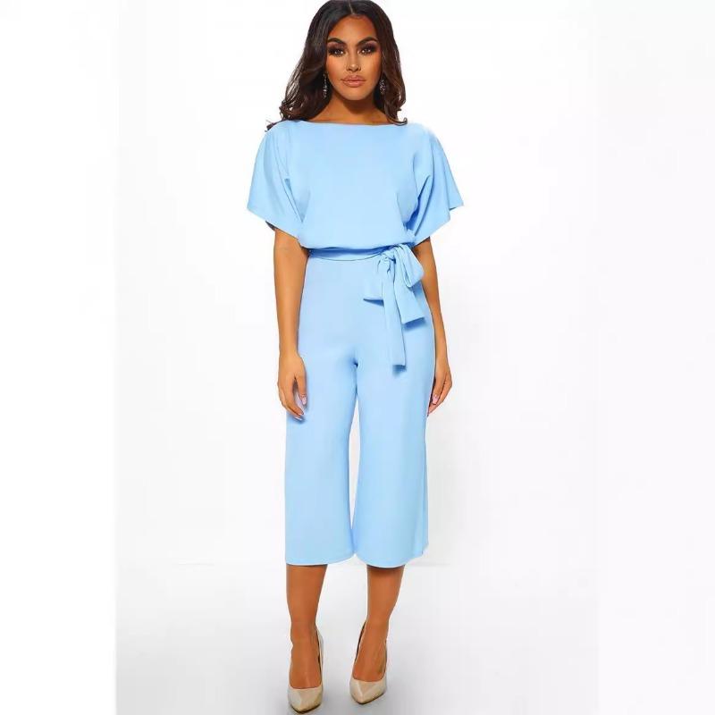 Summer Women's Jumpsuit Fashion Tie Button Short Sleeve Jumpsuit