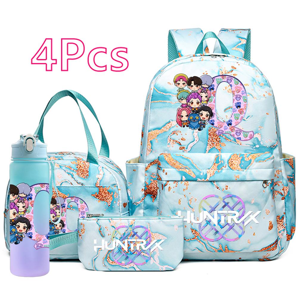 4Pcs/set Cartoon K-Pop Printed Large Capacity Backpack Handbag Pencil Case with 750Ml Water Bottler for Teenager Boy Girl Schoolbag Bookbag Mochila