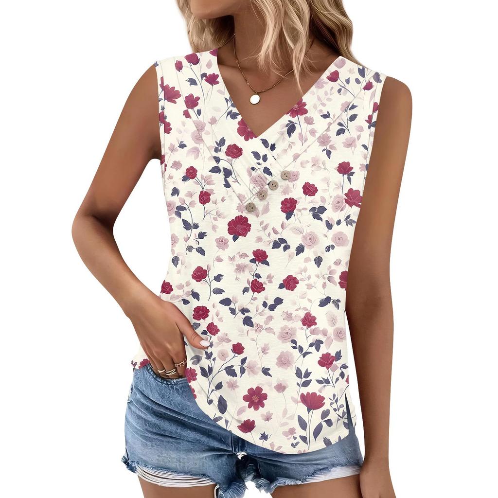 Women's Print Tank Top Button-down V-neck T-shirt Sleeveless Loose Fashion Top
