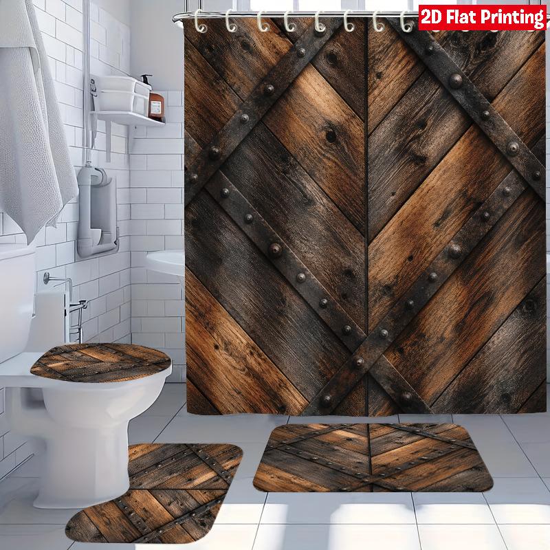 4Pcs Shower Curtain Set with Non-Slip Bath Mat, Toilet Lid Cover, Contour Rug & 12 Hooks, Bathroom