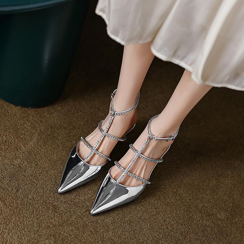 Fashion Women's Low Heel Diamond-set Semi-risplash Dress Sandals 2025 New Fashion Pointed Toe Closed-mouth Sexy Party Women's Shoes