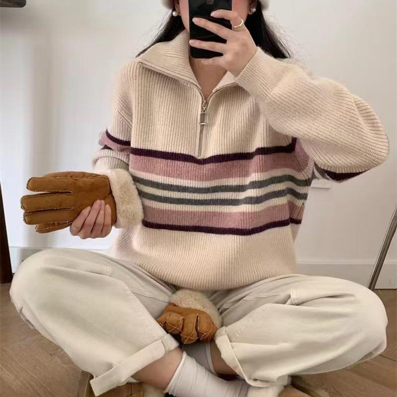 Autumn and winter new retro striped knitted jumper women's half zipper contrasting color loose casual college style sweater
