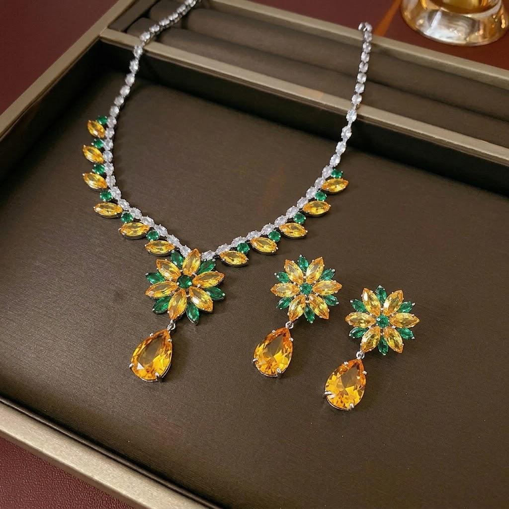 Zircon Floral Necklace & Earrings Set: Korean-Japanese Style Fashion Collarbone Chain