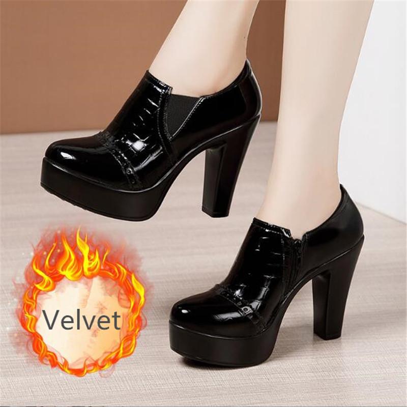 

Женские туфли-лодочки на платформе с глубоким вырезом на толстом каблуке, из лакированной кожи, обувь на высоком каблуке, женская офисная обувь для вечеринок, большие размеры 32-43 33