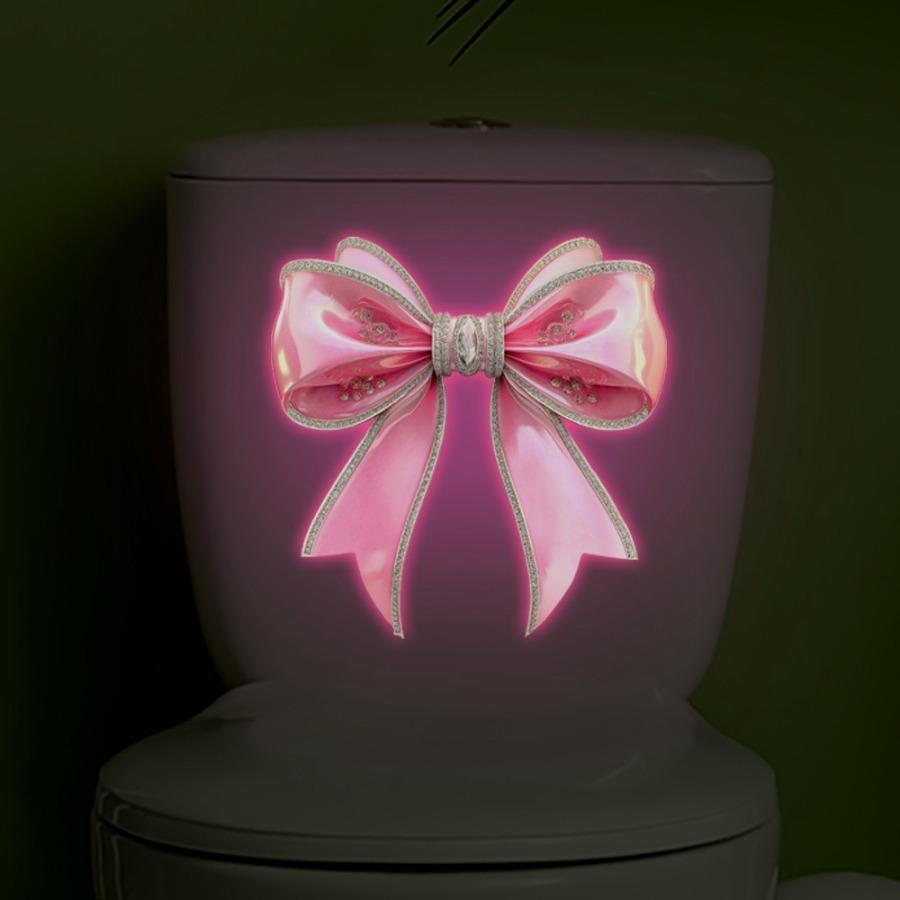 Pink Bow Toilet Stickers Featuring Glow-In-The-Dark Bows, Rhinestone Embellishments, And Luminous Designs